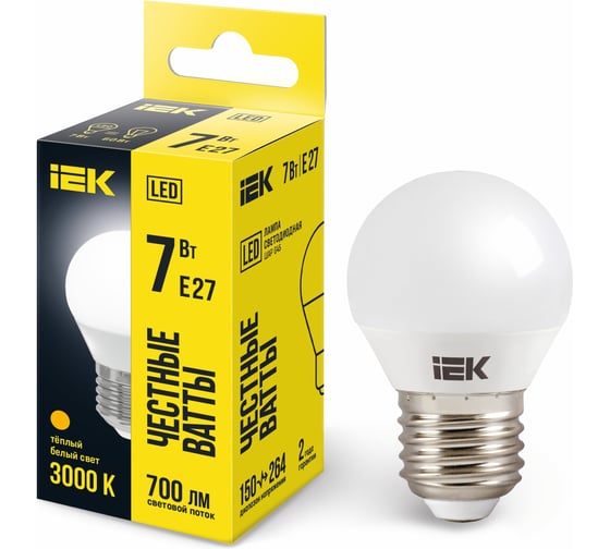 Лампа IEK LED, G45, шар, 7вт, 230В, 3000К, E27 LLE-G45-7-230-30-E27