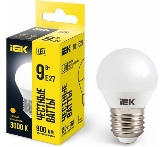 Лампа IEK LED, G45, шар, 9вт, 230В, 3000К, E27 LLE-G45-9-230-30-E27