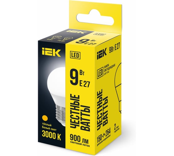 Лампа IEK LED, G45, шар, 9вт, 230В, 3000К, E27 LLE-G45-9-230-30-E27