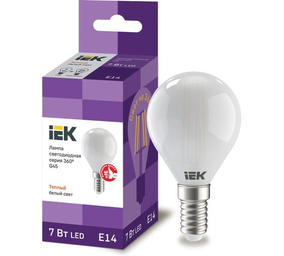 Лампа IEK серия 360 LED, G45, шар, матовая, 7вт, 230В, 3000К, E14 LLF-G45-7-230-30-E14-FR 1