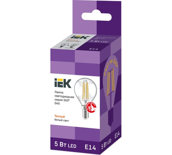 Лампа IEK серия 360, LED, G45, шар прозрачный, 5вт, 230В, 3000К, E14 LLF-G45-5-230-30-E14-CL