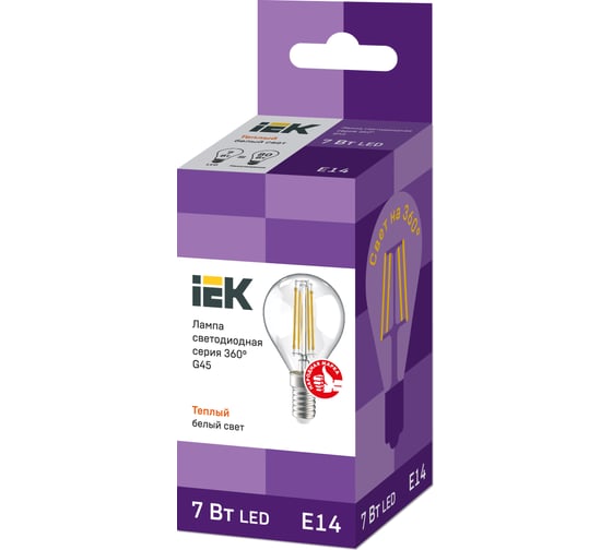 Лампа IEK серия 360, LED, G45, шар прозрачный, 7вт, 230В, 3000К, E14 LLF-G45-7-230-30-E14-CL