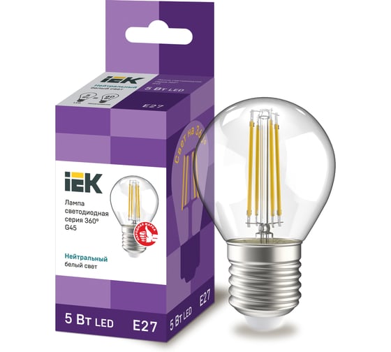 Лампа IEK серия 360, LED, G45, шар прозрачный, 5вт, 230В, 4000К, E27 LLF-G45-5-230-40-E27-CL 1