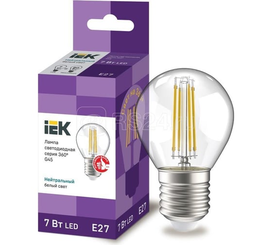 Лампа IEK серия 360, LED, G45, шар прозрачный, 7вт, 230В, 4000К, E27 LLF-G45-7-230-40-E27-CL