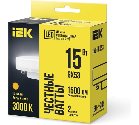 Лампа IEK LED T75 таблетка 15вт 230В 3000К GX53 LLE-T80-15-230-30-GX53