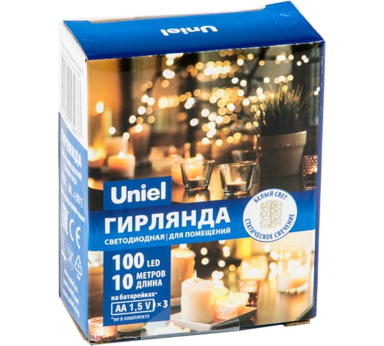 Светодиодная гирлянда Uniel ULD-S1000-100/SCB/3AA WHITE IP20 DEW, UL-00007186