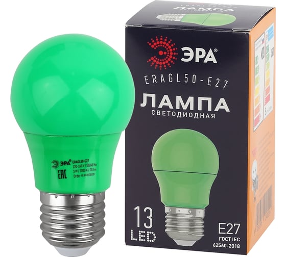 Светодиодная лампа ЭРА ERAGL50E27 LED A503WE27, груша, 13SMD, 3W, E27, для белтлайт, 10/100/3600, зеленый Б0049579 1