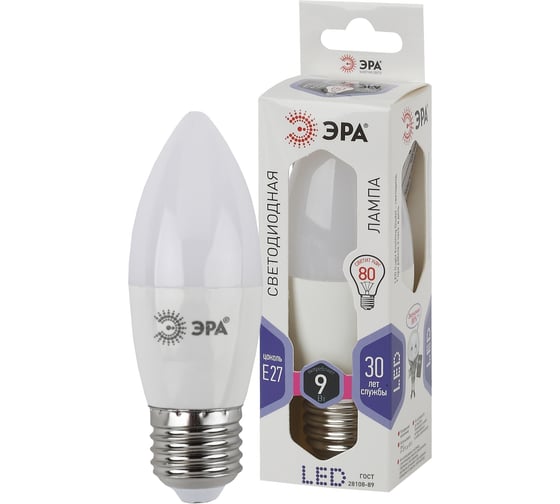 Светодиодная лампа ЭРА LED B359W860E27, свеча, 9Вт, холодный, E27, 10/100/4000 Б0047938