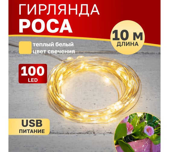 Гирлянда Neon-Night Роса, 10м, 100 LED теплый белый, IP20, с USB 315-976