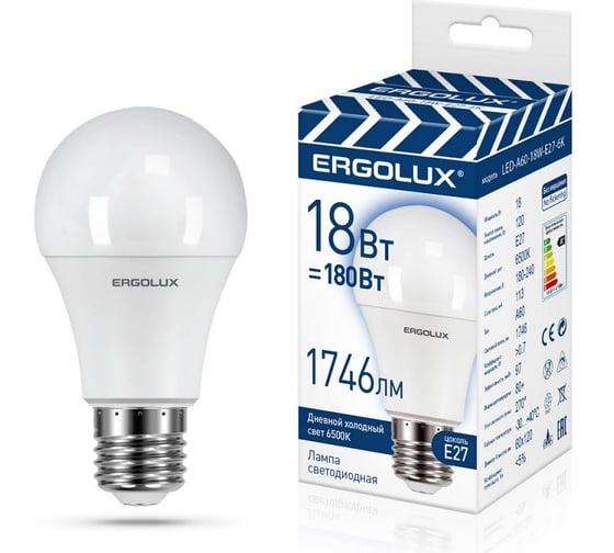 Лампа светодиодная Ergolux LED-A60-18W-E27-6K ЛОН 18Вт Е27 6500К 172-265В, ПРОМО 15559