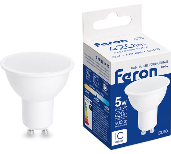 Лампа светодиодная FERON (5W) 230V GU10 4000K MR16, LB-24 51216