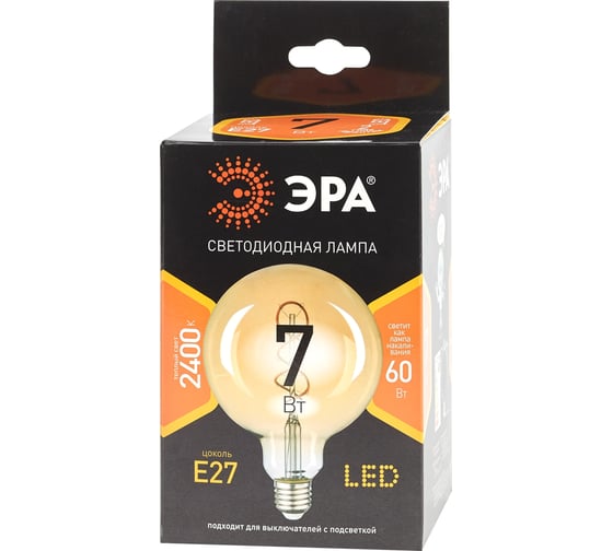 Светодиодная лампа ЭРА F-LED G95-7W-824-E27 spiral gold филамент, шар, спираль, золото, 7Вт, теплый, E27 20/560 Б0047663