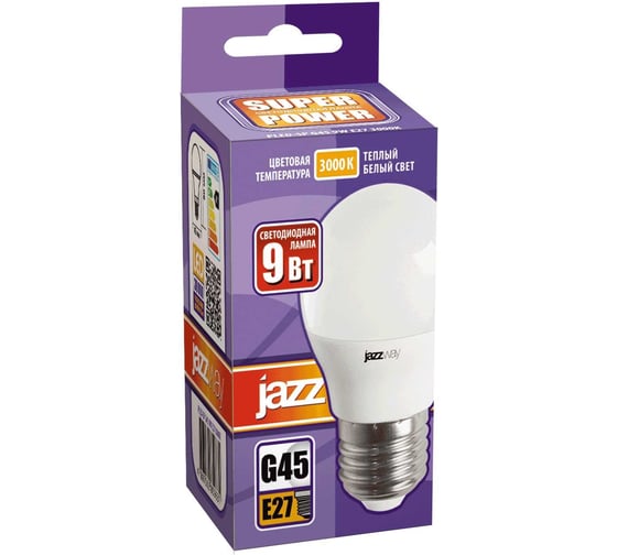 Светодиодная лампа Jazzway PLED-SP 9Вт G45 шар 3000К теплый белый E27 820лм 230В/50Гц 2859631A
