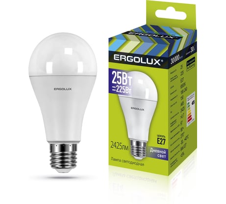 Светодиодная лампа Ergolux LED-A65-25W-E27-6K ЛОН, 25Вт, E27, 6500K, 180-240В 14228