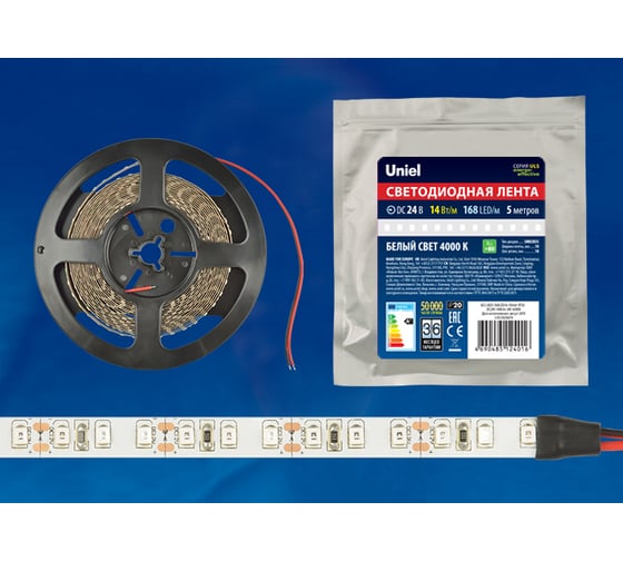 Гибкая светодиодная лента Uniel ULS-2835-168LED/m-10mm-IP20-DC24V-14W/m-5M-4000K, катушка 5м UL-00005874