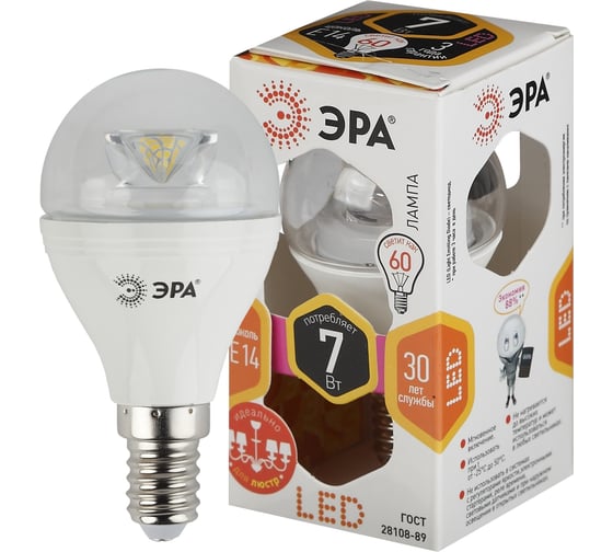 Лампочка светодиодная ЭРА LED P457W827E14Clear E14 / Е14 7Вт шар теплый белый свет Б0017241