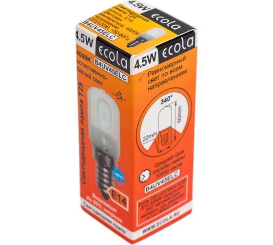 Лампа капсульная Ecola T25 LED Micro 4,5W E14 4000K 340 матовая (для холодил., шв. машинки и т.д.) 60x22 mm B4UV45ELC