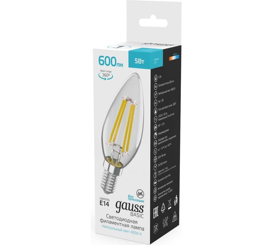 Лампа Gauss Basic Filament Свеча 5W 600lm 4000K E14 LED 50312252