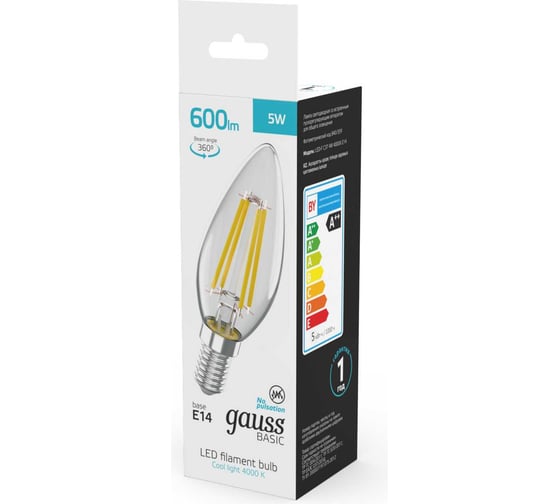 Лампа Gauss Basic Filament Свеча 5W 600lm 4000K E14 LED 50312252