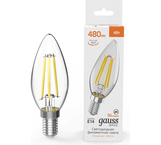 Лампа Gauss Basic Filament Свеча 4W 480lm 3000K E14 LED 50312142 1