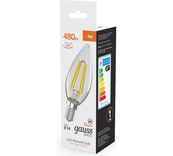Лампа Gauss Basic Filament Свеча 4W 480lm 3000K E14 LED 50312142