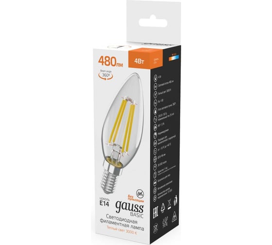 Лампа Gauss Basic Filament Свеча 4W 480lm 3000K E14 LED 50312142