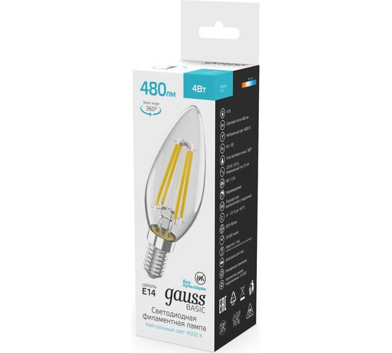 Лампа Gauss Basic Filament Свеча 4W 480lm 4000K E14 LED 50312242