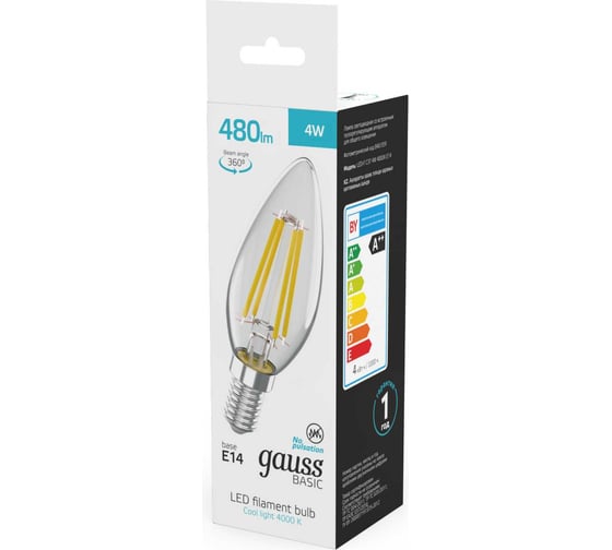 Лампа Gauss Basic Filament Свеча 4W 480lm 4000K E14 LED 50312242