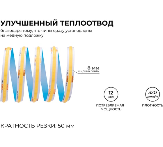 Светодиодная лента Apeyron 24В, 12Вт/м, COB, 320д/м, IP20, 1000Лм/м, подложка 8мм, 10м. 4000К 00-385