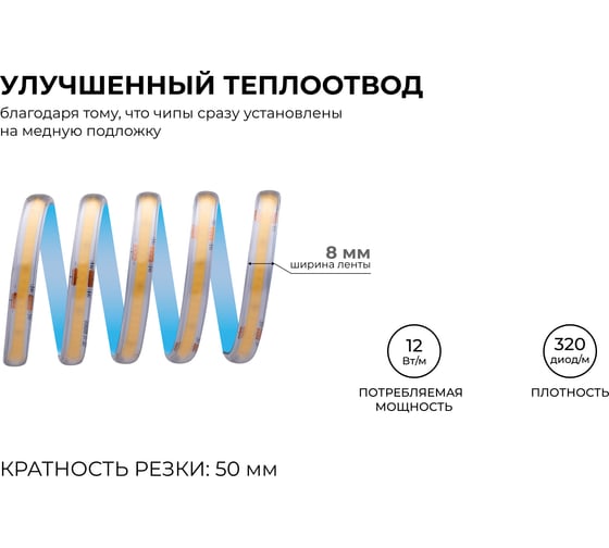 Светодиодная лента Apeyron 24В, 12Вт/м, COB, 320д/м, IP65 в пвх, 1000Лм/м, подложка 8мм, 5м. 4000К 00-391