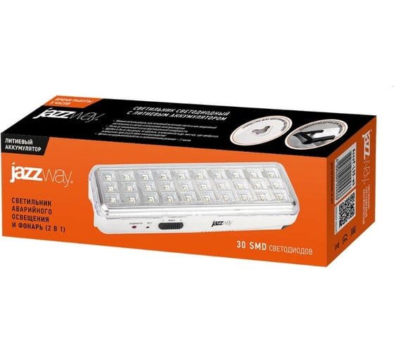 Фонарь-светильник Jazzway Jаzzway аккумуляторный Accu9-L30-wh аварийный 30SMD яркий 300лм 2ч/эконом 90лм 6ч 220В аккумуляторный Li-ion 3.7В 1.2А.ч белый 5024533