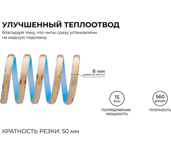 Светодиодная лента Apeyron 24В, 15Вт/м, COB, 560д/м, IP65 в пвх, 1200Лм/м, подложка 8мм, 5м. 3000К 00-489