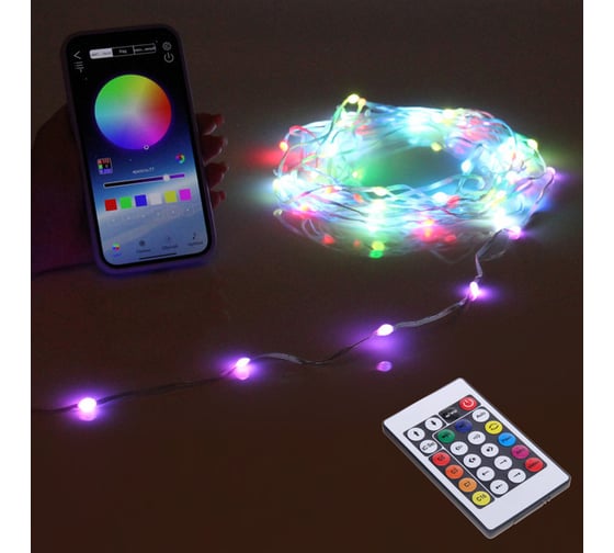 Гирлянда для дома Серпантин НИТЬ-SMART 10 м, 100 ламп, LED, прозрачный провод, более 200 режимов, управление с пульта д/у, с телефона, IP-40, RGB (USB) 725-966