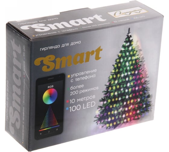 Гирлянда для дома Серпантин НИТЬ-SMART 10 м, 100 ламп, LED, прозрачный провод, более 200 режимов, управление с телефона, IP-40, RGB (USB) 183-0233