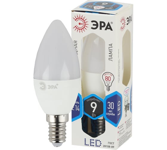 Светодиодная лампа ЭРА LED B35-9W-840-E14, свеча, 9Вт, нейтральный, E14 10/100/4000 Б0047936