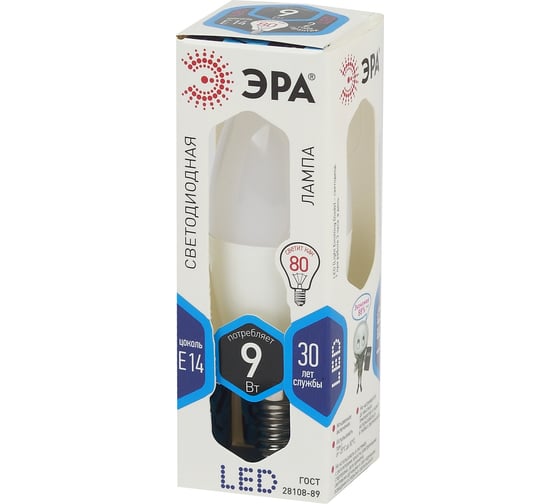 Светодиодная лампа ЭРА LED B35-9W-840-E14, свеча, 9Вт, нейтральный, E14 10/100/4000 Б0047936