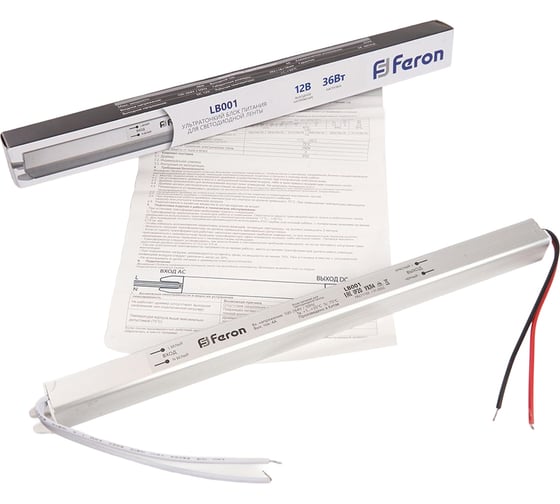 Электронный трансформатор FERON LB001 для светодиодной ленты 36W 12V ультратонкий драйвер 41343