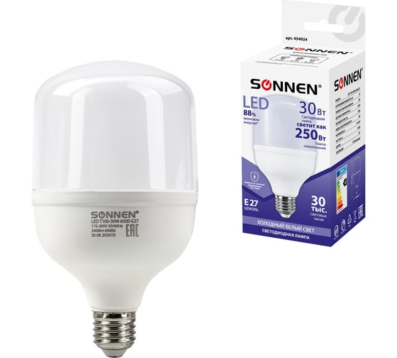Светодиодная лампа SONNEN 30 Вт, цоколь Е27, цилиндр, холодный белый, 30000 ч, 454924