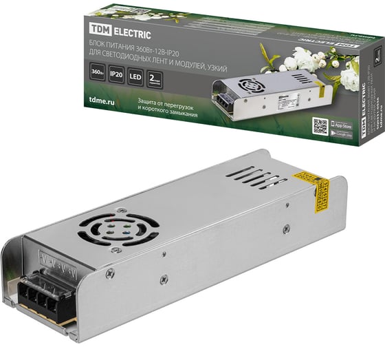 Блок питания TDM ELECTRIC 360Вт-12В-IP20 для светодиодных лент и модулей, металл, узкий, TDM SQ0331-0556 1