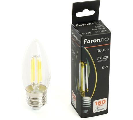 Лампа светодиодная FERON .PRO LB-1206 Свеча E27 6W 175-265V 2700K, 51238