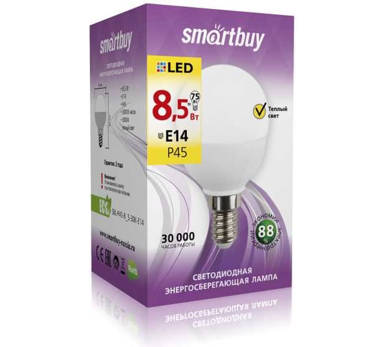 Светодиодная (LED) Лампа Smartbuy -P45-8,5W/3000/E14 SBL-P45-8_5-30K-E14