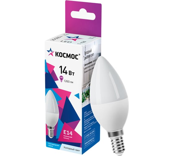 Лампа светодиодная КОСМОС LED 14Вт свеча E14 6500K, LkecLED14wCNE1465