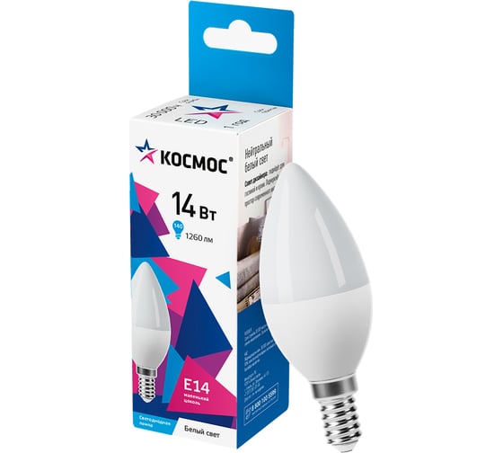 Лампа светодиодная КОСМОС LED 14Вт свеча E14 4500K, LkecLED14wCNE1445