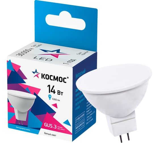 Лампа светодиодная КОСМОС LED 14Вт JCDR GU5.3 4500K, LkecLED14wJCDRC45
