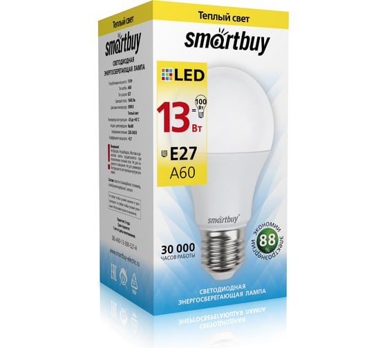 Лампа Smartbuy LED F60-13W, 3000, E27 SBL-A60-13-30K-E27-A