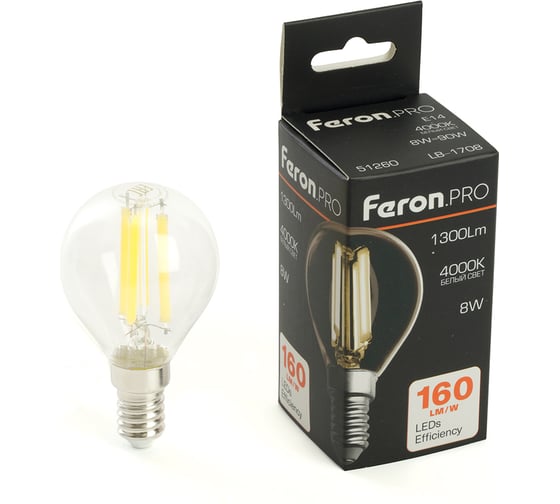 Лампа светодиодная FERON PRO LB-1708 Шарик E14 8W 175-265V 4000K, 51260 1