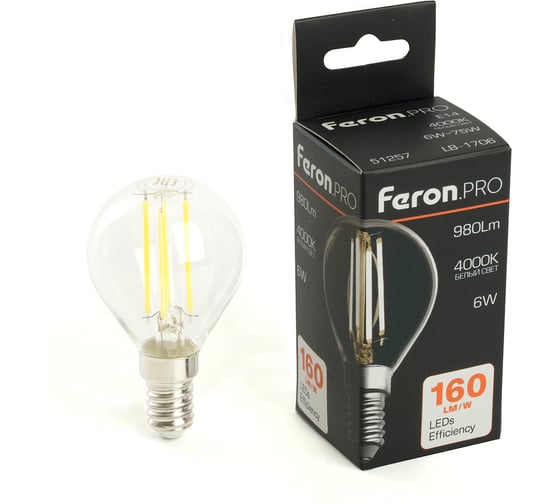 Лампа светодиодная FERON PRO LB-1706 Шарик E14 6W 175-265V 4000K, 51257 1