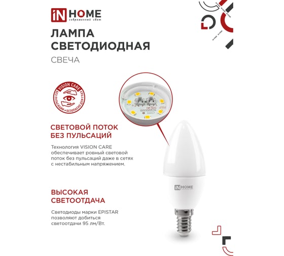 Лампа светодиодная IN HOME LED-СВЕЧА-VC 4PACK 11Вт 230В Е14 6500К 1050Лм (4шт./упак) 4690612047805