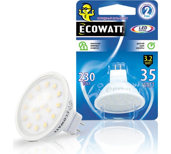 Лампа ECOWATT светодиодная MR16 230В 3.235W 4000K GU5.3 холодный белый свет 4606400614012 1