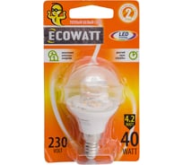 Светодиодная лампа ECOWATT P45, 4.2(40)W, 2700K, E14, CL 300, миньон, теплый белый свет, шарик, прозрачный 4606400419396
